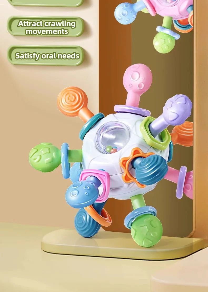 Baby Manhattan Grasping Ball - 3-in-1 Teether, Rattle, and Soft Rubber Grasping Toy for Early Education and Teething Relief