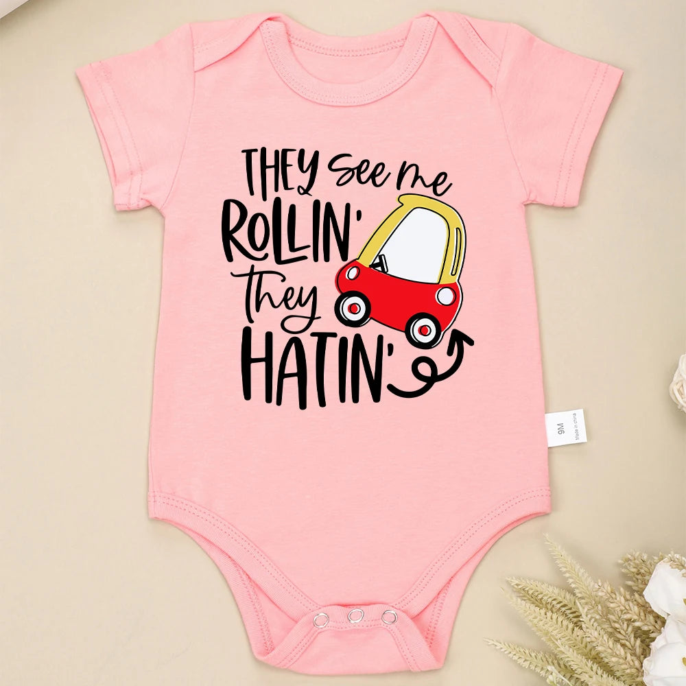 They See Me Rollin They Hatin Cute Baby Onesie Boy Girl Clothes Street Casual Cartoon Kawaii Harajuku Toddler Romper Cotton