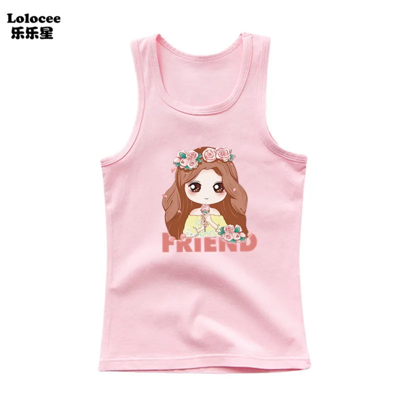 2023 New Girls Cute Singlet Underwear Princess Cotton Tank Tops Cartoon Kawaii Girl Print Sleeveless Shirt