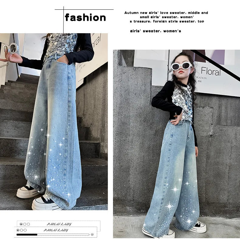 2024 New Kids Girls Wide-Leg Jeans Fashion Rhinestone Sequin Elastic Waistband Pants Denim Trousers Casual Children Bottoms