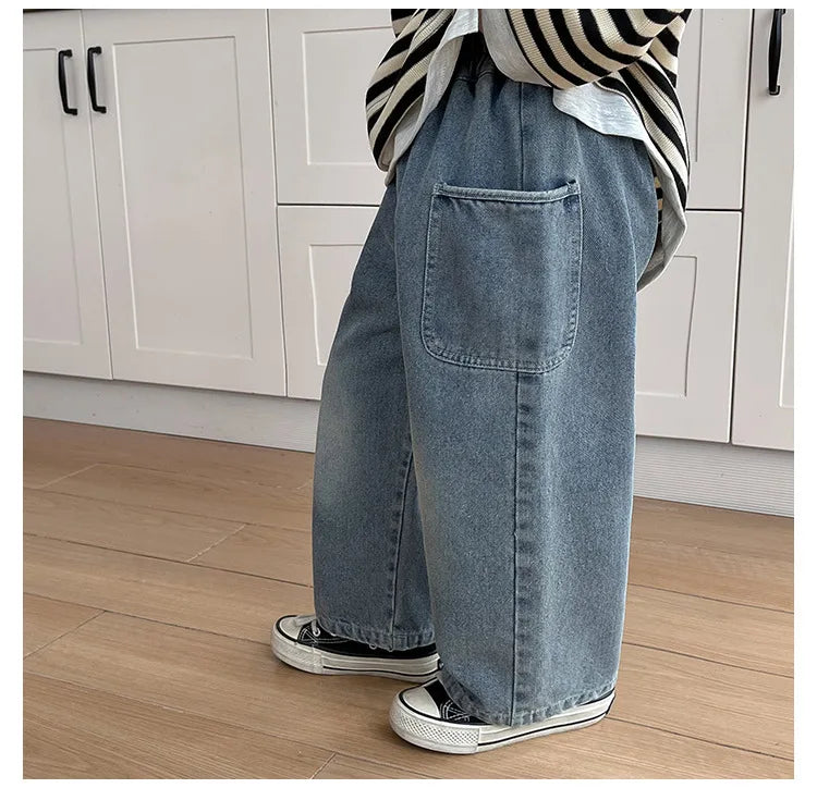 2025 Spring Autumn Kid Boys Denim Pants Side Pocket Polished White Children Boys Pants Elastic Waist Casual Baby Boys Trousers