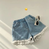 Girls' Jeans 2024 New Fashion Korean Edition Denim Shorts Children's Lace Lace Casual Pants Solid Color Loose Pants