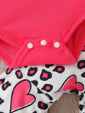 3Pcs Baby Girls Spring/ Fall Long Sleeve Print Letter Bodaysuit+Flared Pants With Heart Fashion Set+Headband