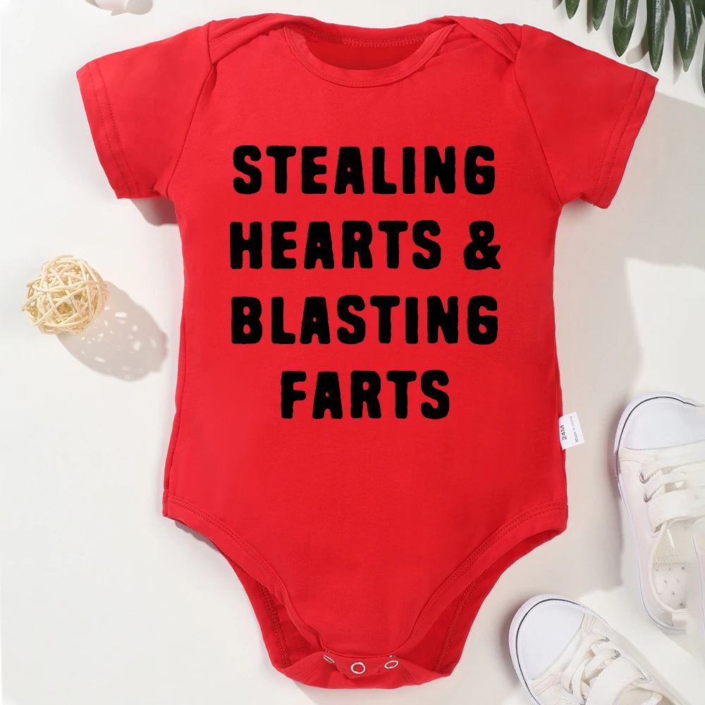 Creative New Baby Girl Boy Cotton Onesie Stealing Hearts and Blasting Farts Letter Print Funny Infant Clothes Comfy Breathable