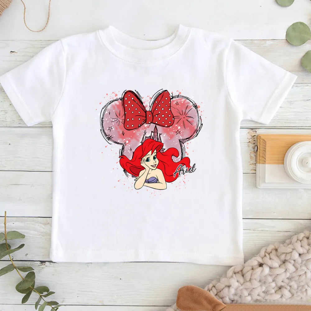 Cartoon Disney Princess Print T-shirts for Children Summer Cotton Short Sleeve Children Clothes Girl Tops