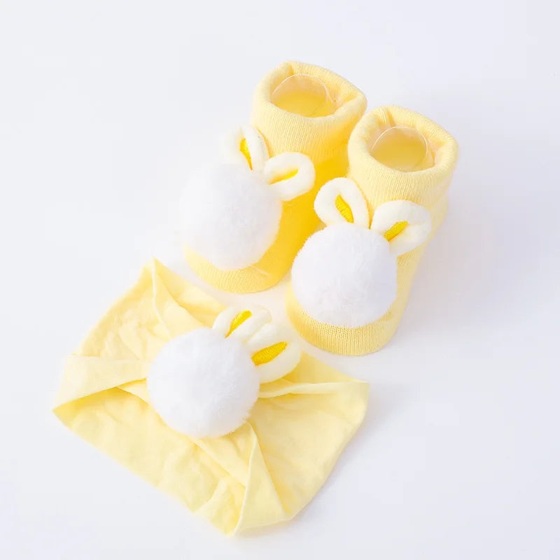 2Pcs Set Baby Socks Headband Cute Plush Ball Newborn Short Socks Cute Kids Baby Girl Hairbands Socks Photo Props