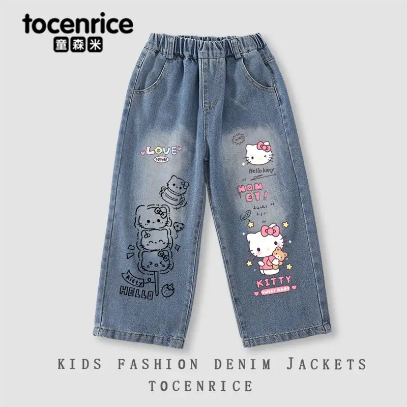 Cinnamoroll Kawaii Girl Jeans Pants Kuromi Hello Kitty Kids Anime Sanrios Cartoon Fashion Straight Elastic Waist Casual Jeans