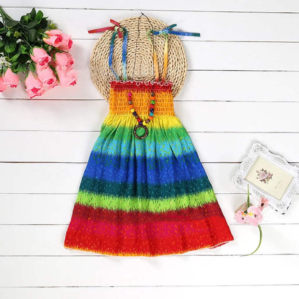 2024 Summer Dress Infant Kids Girls Baby Clothes Vestidos Floral Bohemian Beach Straps Dress  детская одежда Ropa Para NiñAs