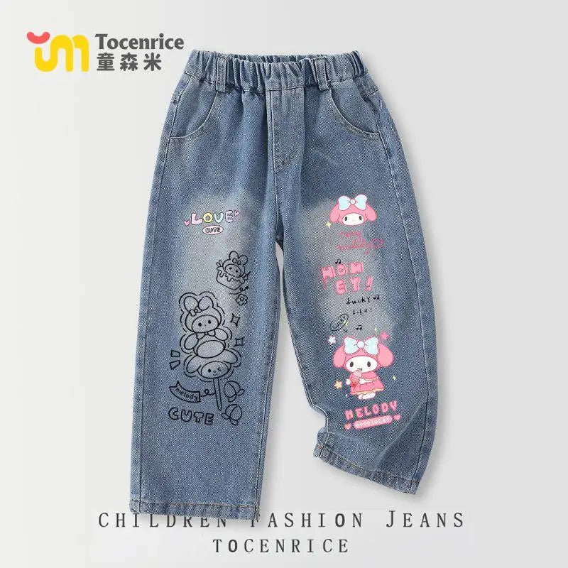 Cinnamoroll Kawaii Girl Jeans Pants Kuromi Hello Kitty Kids Anime Sanrios Cartoon Fashion Straight Elastic Waist Casual Jeans