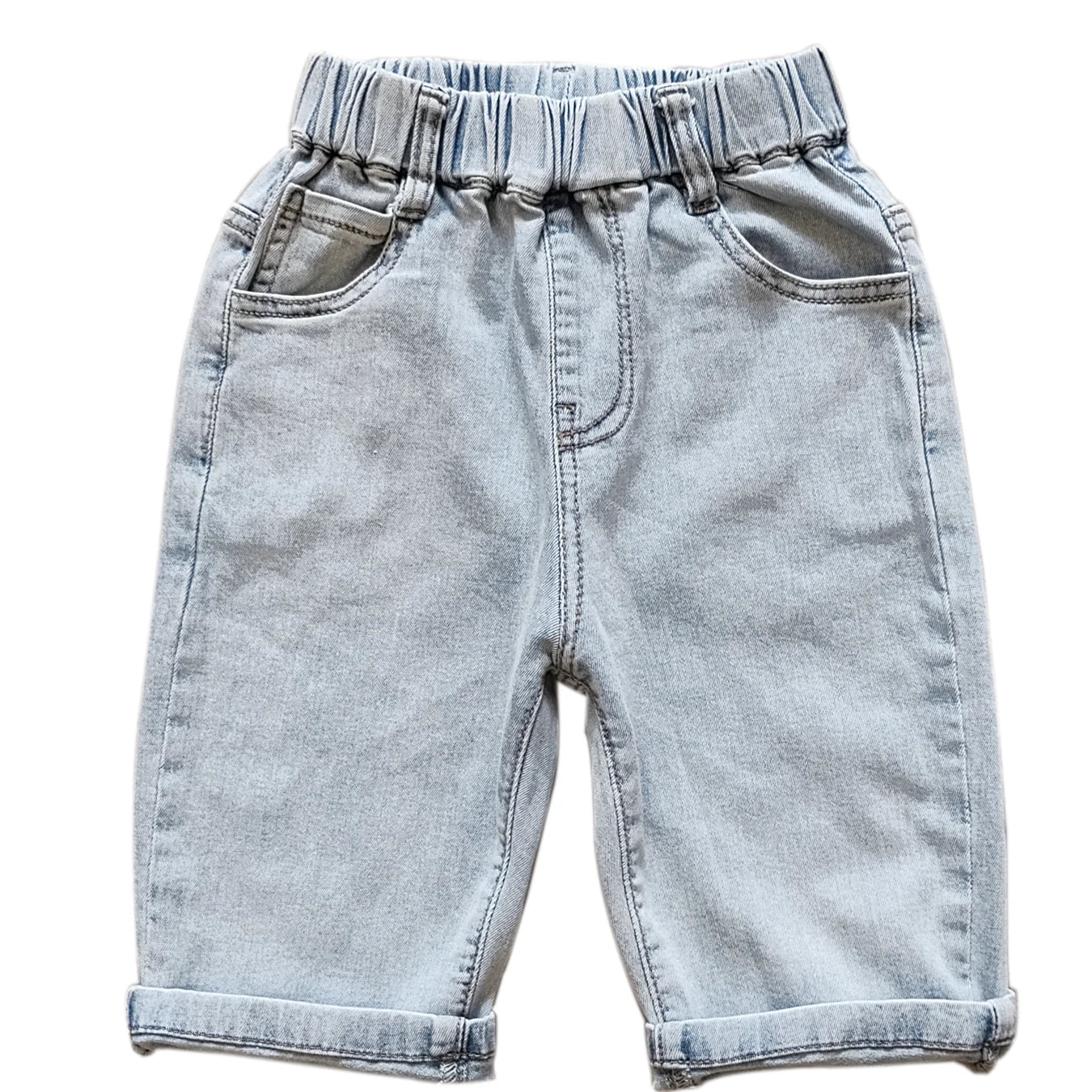 5104 elastic waist casual  summer boys jeans soft denim shorts 60% length children's shorts