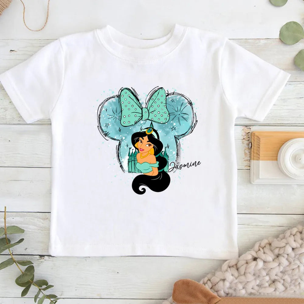 Cartoon Disney Princess Print T-shirts for Children Summer Cotton Short Sleeve Children Clothes Girl Tops