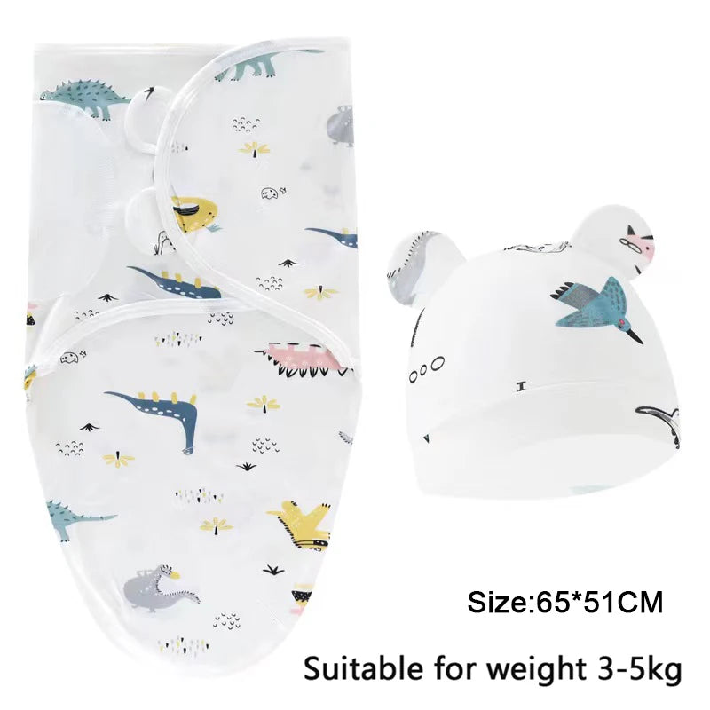 Baby Blanket Hat Set Cartoon Printed Cotton Newborn Swaddle Adjustable Infant Sleeping Swaddle Wraps All Seasons 0-6 Months