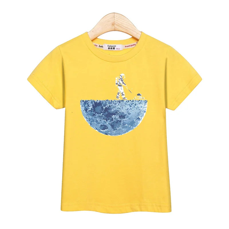 Astronaut New Cartoon T-shirt Boys Summer Shirt Children Short Sleeved Tops Spaceman Clothes 3-14T