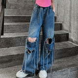 Girls Ripped Jeans Summer New Children's Loose Wide-leg Pants Kids Clothes Teenager Girl Fashion Heart Hollow Out Denim Trousers