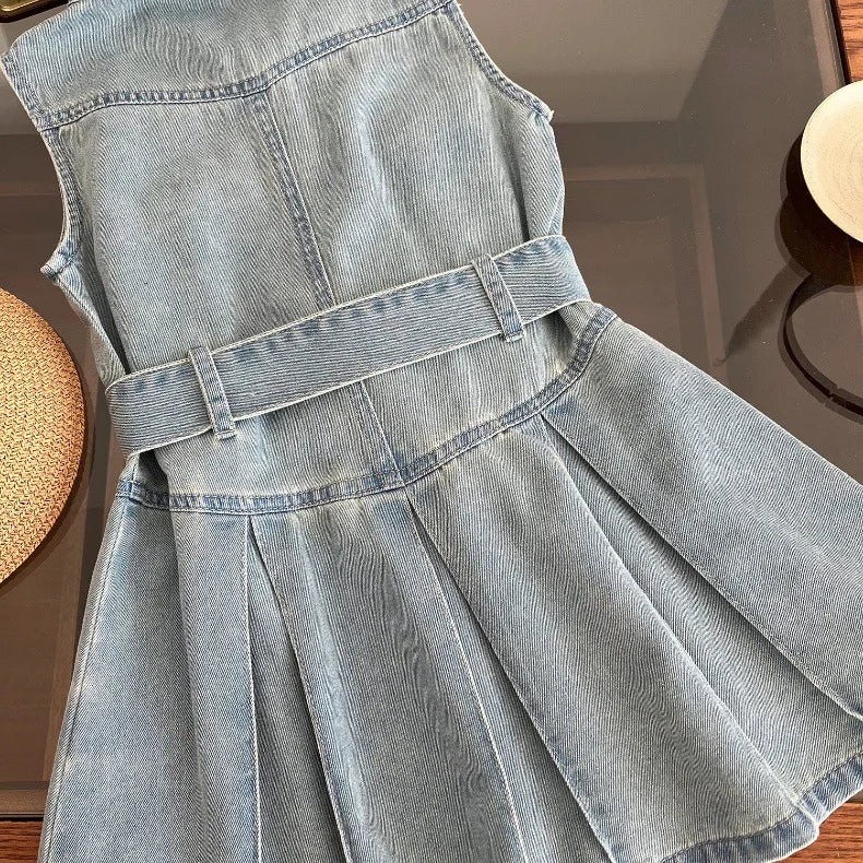 Children Girls Fashion Sleeveless Denim Dress 2024 Summer Cool Baby Girls Casual Vest Dresses