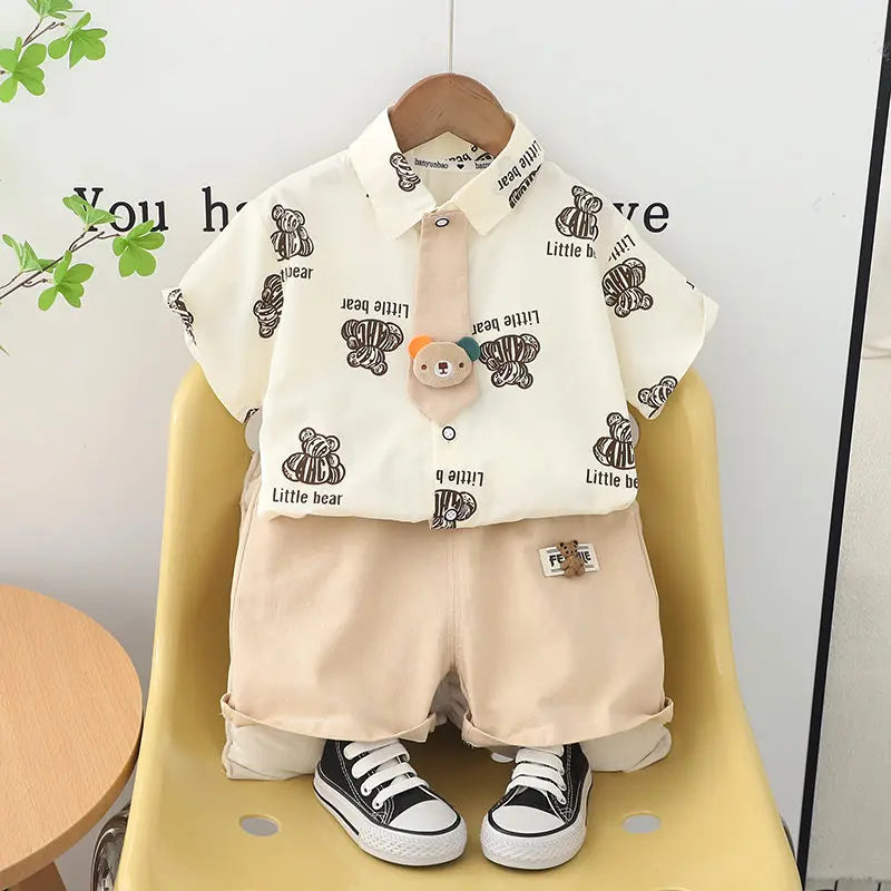 Children Clothes Spring Cartoon Kids Boy Short Sleeve Full Printe Bear Shirts Pants 2Pcs/Set Tie Kid Fashion Toddler Tracksuits