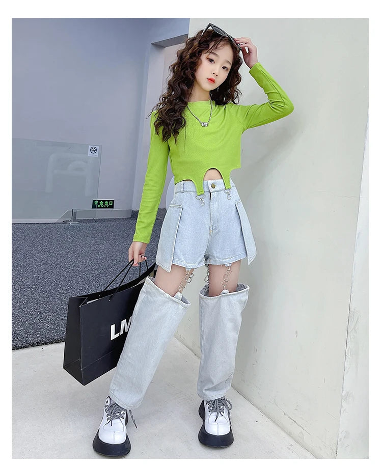 Fashionable Children's Jeans Teens Girls Pants Hip Hop Hooks Split Jeans Shorts Spring Summer Kids Trousers Trend Wide-Leg Jeans