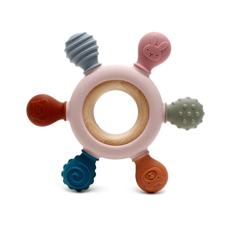 Color Kids Silicone Baby Toys Rudder Shape Wooden Ring Teether Toys Infant Chewing Nursing Toy Newborn Molar Baby Accessories