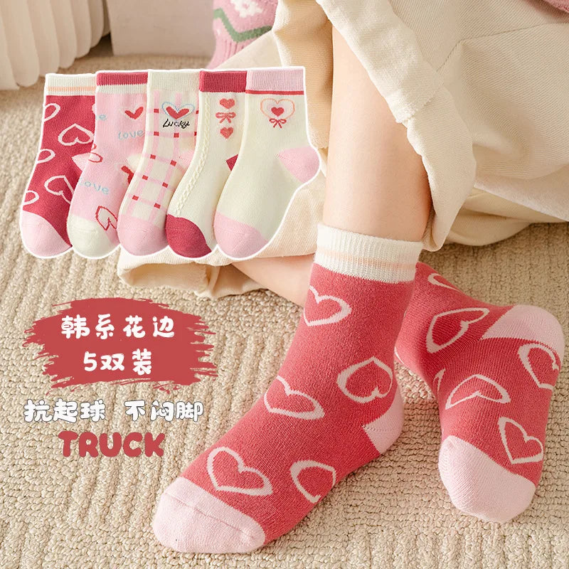 5 Pairs/Lot Kids Soft Cotton Socks Korean Love Heart Flower Print Baby Girl Socks Autumn Winter Warm Children Middle Tube Socks