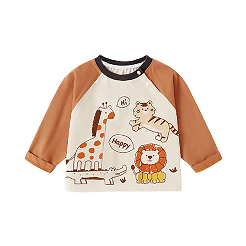 2025 Spring Autumn Children Boy Long Sleeves Cotton Animal Print Baby Boy Tees Loose Round Collar Spliced Raglan Kid Boy T-shirt