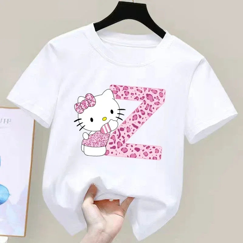 Hello Kitty Letter A-Z Children's Cotton Short-sleeved Top Sanrio Summer T-shirt Girly Heart Soft Clothes Kawaii Birthday Gift