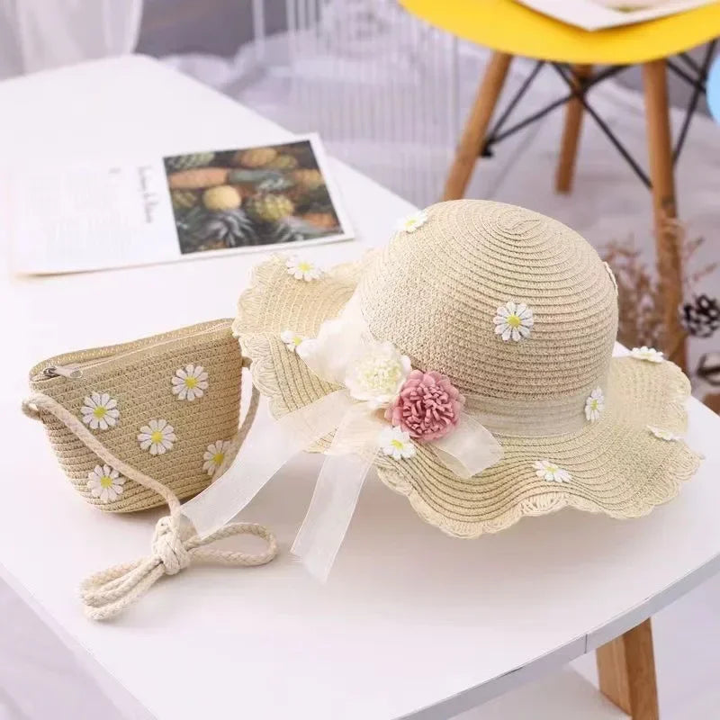 Kids Hat For Girls 2-7Y Straw Children's Sunshade Cap Bag Summer Baby Travel Sunscreen Beach Hat Sun Fisherman Cap Fashion Style