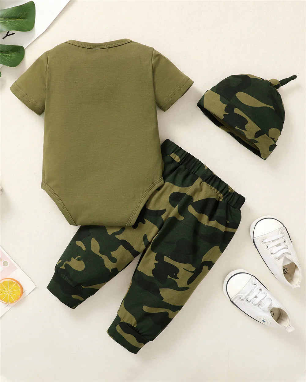 0-18 Months Newborn Baby Boy 3PCS Clothes Set Letters Print Short Sleeve Romper + Camouflage Pants with Hat Casual Outfit