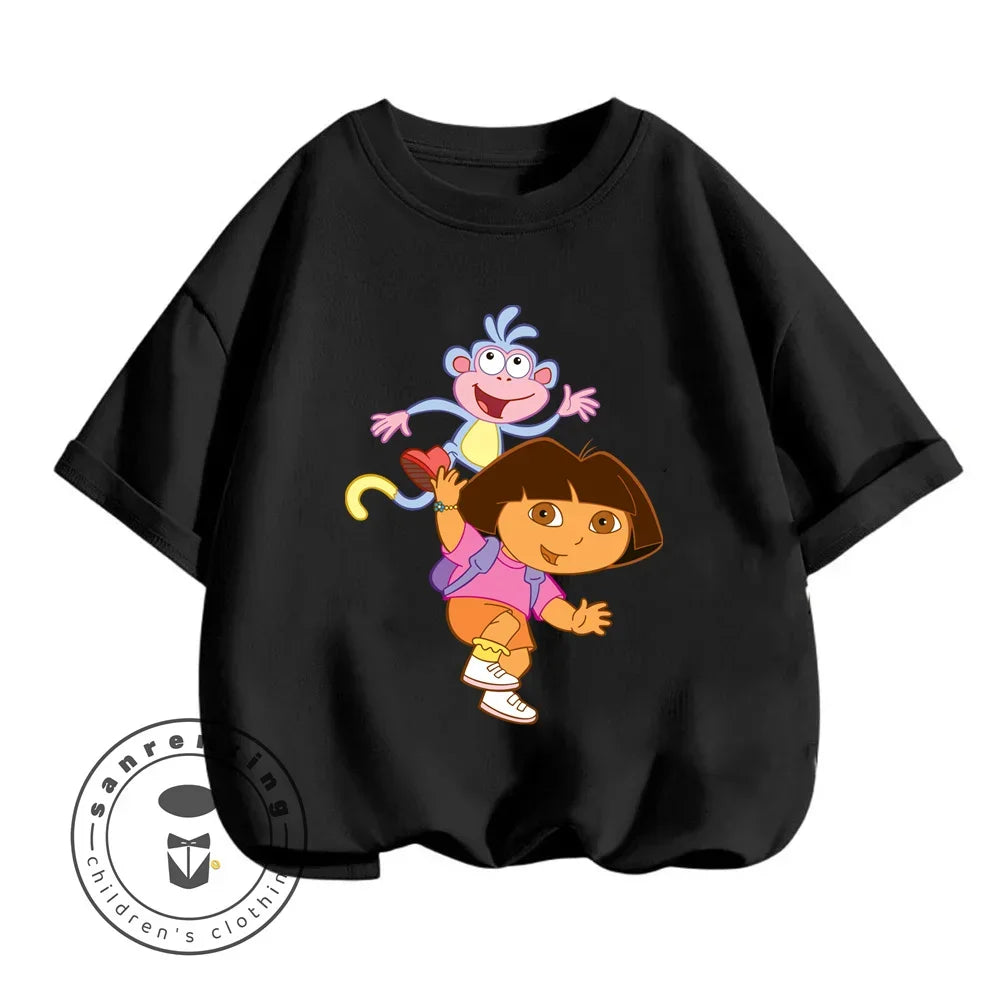 Fun Boys Girls Fashion T-shirt Dora Animated Cartoon Printed Kids T-shirt Hip Hop Boys Clothes White Short Sleeve Shirt Top