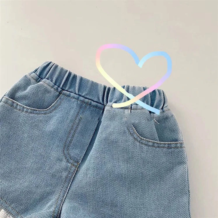 Girls' Jeans 2024 New Fashion Korean Edition Denim Shorts Children's Lace Lace Casual Pants Solid Color Loose Pants