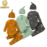 3PCS Baby Boy Clothes Set Spring Autumn Knitted V-neck Romper+infant Pants+Cap Newborn Outfit