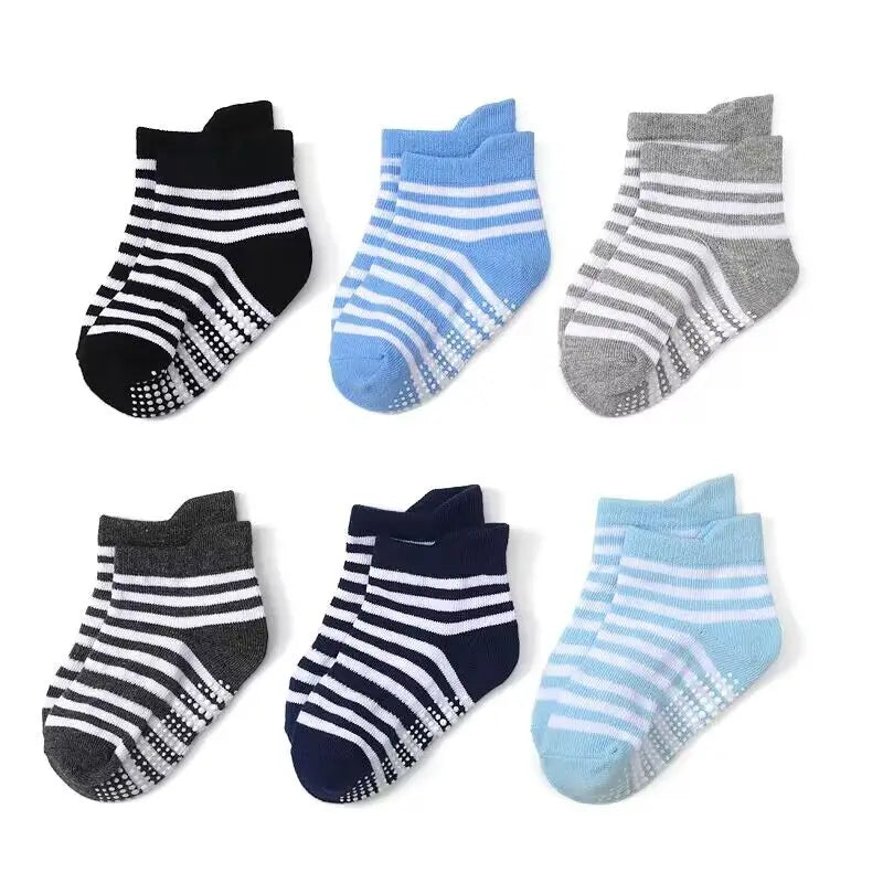 6 Pairs/lot Cotton Sock with Rubber Grips Children's Anti-slip Boat Socks Non-slip Socks for Boys1-7Years