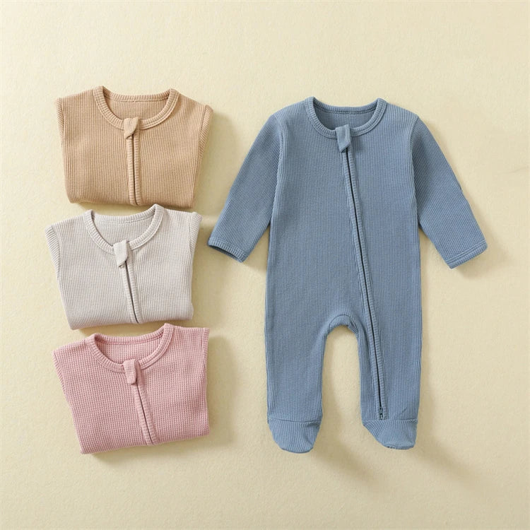 Organic Cotton Baby Rompers Waffle 100% Cotton Infant Boys Girls Jumpsuit Zipper Footed Solid Long-Sleeve Pajamas Sleepsuits