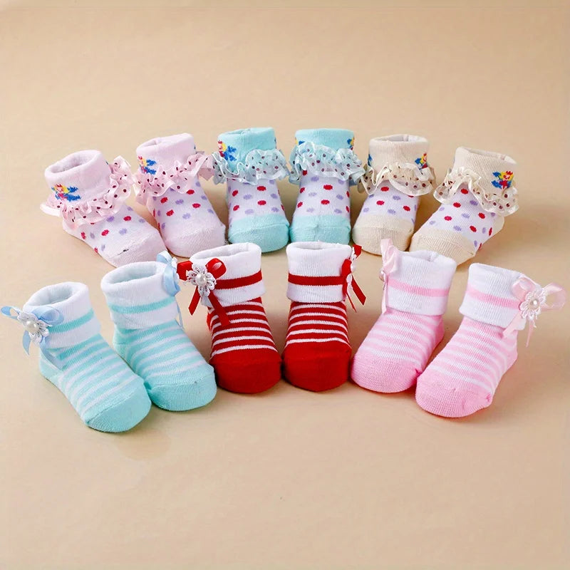 6Pairs/Lot Newborn Baby Socks Infant Kids Knee High Ruffle Girls Sock Anti Slip Long Frilly Lace Socks For 0-24months