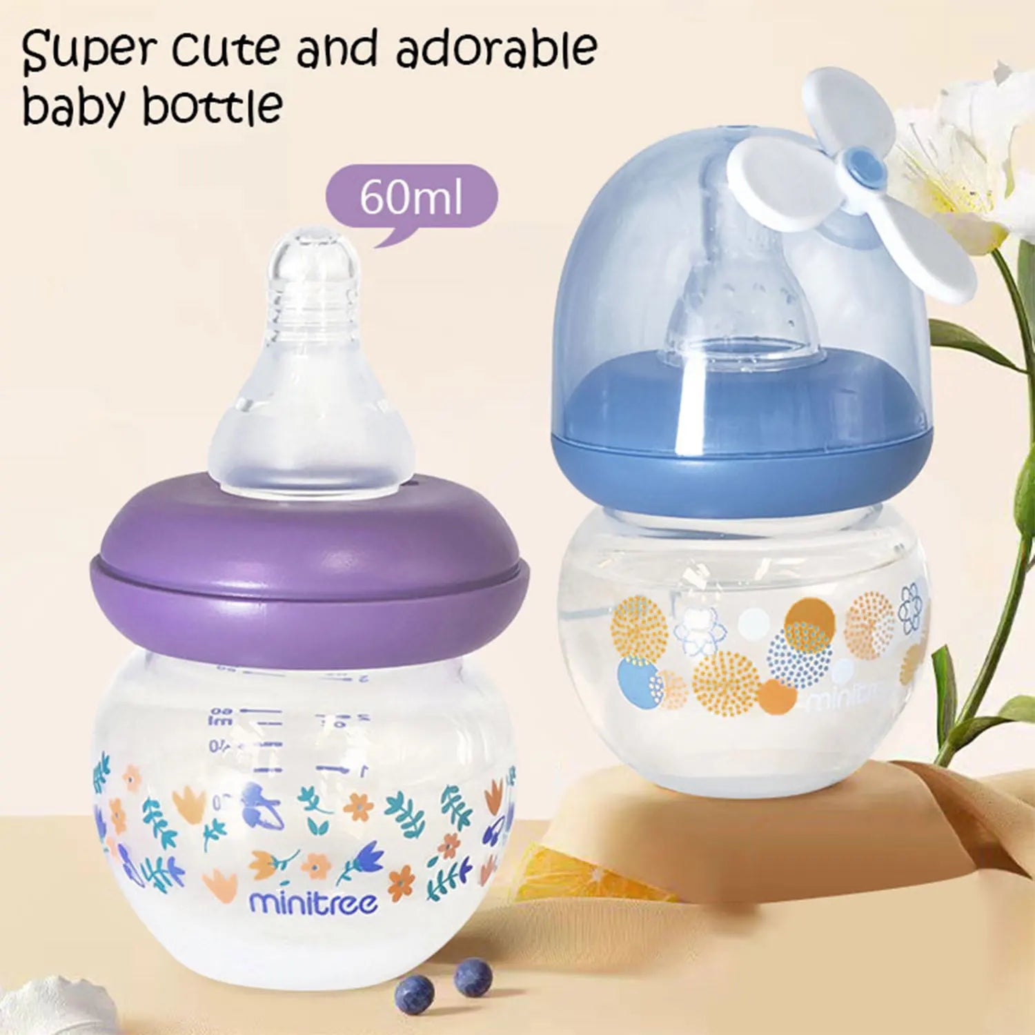 0-6 months newborn baby mini bottle, 60ml creative small windmill baby bottle, fall-proof and anti-colic PP bottle, BPA-free