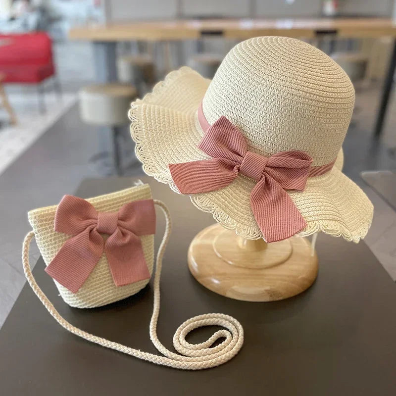 Kids Hat For Girls 2-7Y Straw Children's Sunshade Cap Bag Summer Baby Travel Sunscreen Beach Hat Sun Fisherman Cap Fashion Style