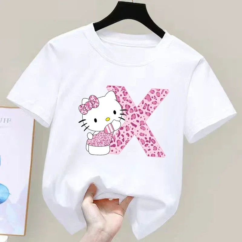 Hello Kitty Letter A-Z Children's Cotton Short-sleeved Top Sanrio Summer T-shirt Girly Heart Soft Clothes Kawaii Birthday Gift