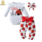 Cute insect Pattern Newborn Girls Baby Clothes Set Cotton Romper Bodysuit Top and Infant Pants Bow Headband Long Sleeve Outfit