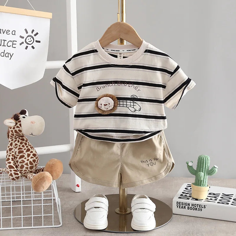 2pcs/sets New Baby Boys Girls Summer Clothes Cotton Sports Striped Lion T Shirt Shorts Children Clothing Tracksuits Set 0-5Years