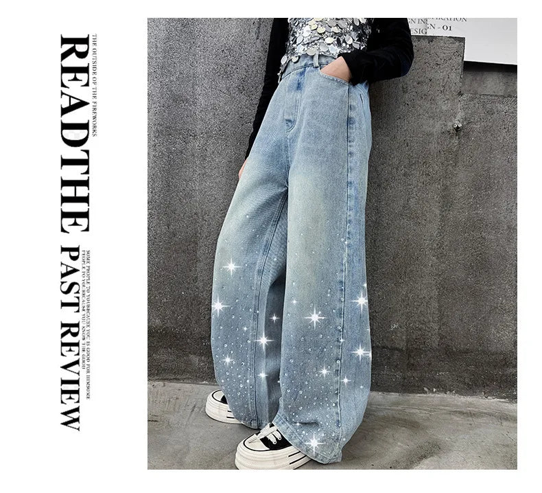 2024 New Kids Girls Wide-Leg Jeans Fashion Rhinestone Sequin Elastic Waistband Pants Denim Trousers Casual Children Bottoms