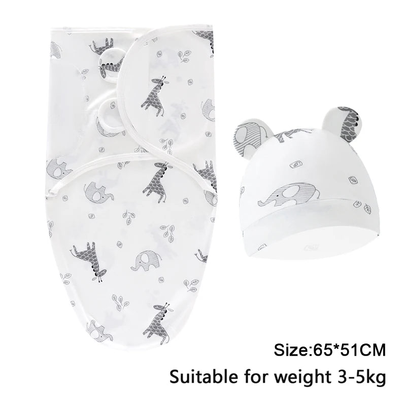 Baby Blanket Hat Set Cartoon Printed Cotton Newborn Swaddle Adjustable Infant Sleeping Swaddle Wraps All Seasons 0-6 Months