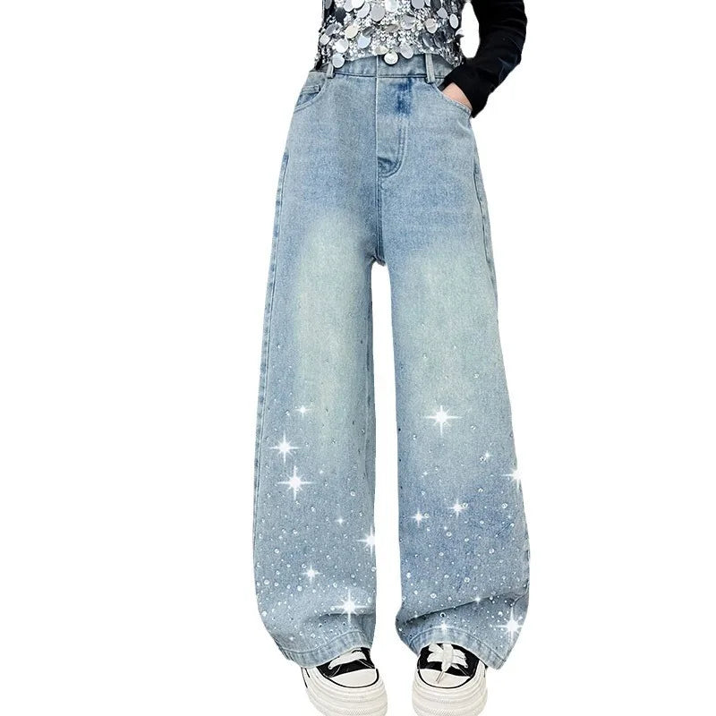 2024 New Kids Girls Wide-Leg Jeans Fashion Rhinestone Sequin Elastic Waistband Pants Denim Trousers Casual Children Bottoms