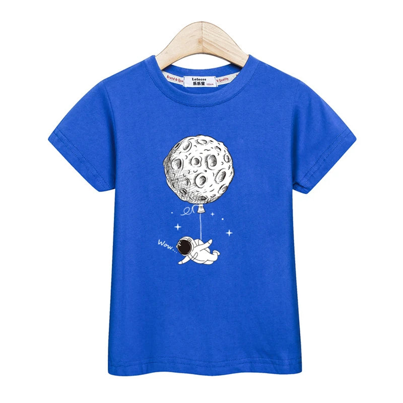 Astronaut New Cartoon T-shirt Boys Summer Shirt Children Short Sleeved Tops Spaceman Clothes 3-14T