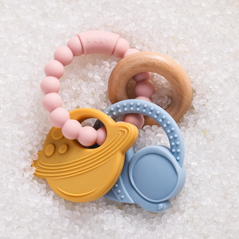 1pc Silicone Teether,Food Grade Baby 0-12 Toys,ToddlersTeething Ring Sensory Toys,Silicone Planet Teether Bracelet Accessories