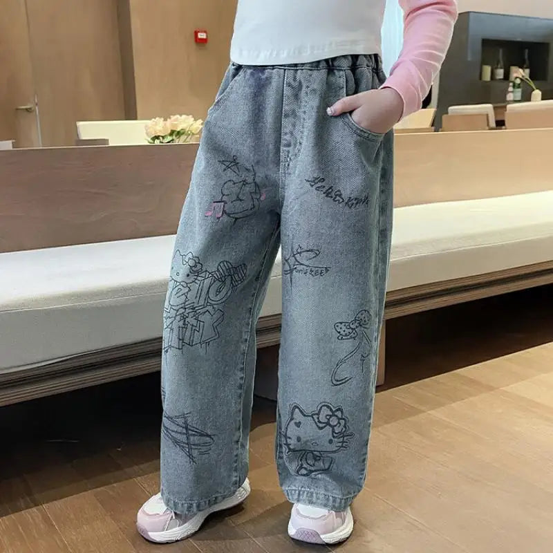 Cartoon Kuromi Girls Wide Leg Jeans Spring  Autumn Cute Elastic waist Versatile Straight Tube kids Childrens Wear Spring Pants