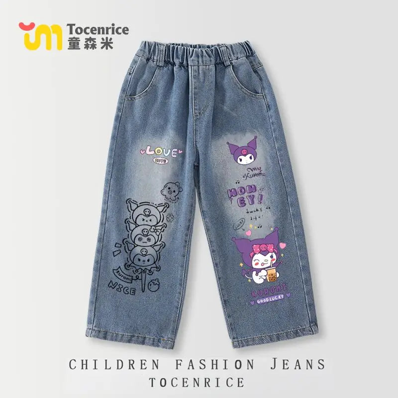 Cinnamoroll Kawaii Girl Jeans Pants Kuromi Hello Kitty Kids Anime Sanrios Cartoon Fashion Straight Elastic Waist Casual Jeans