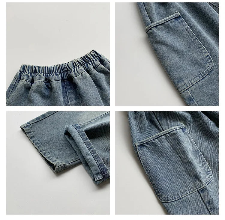 2025 Spring Autumn Kid Boys Denim Pants Side Pocket Polished White Children Boys Pants Elastic Waist Casual Baby Boys Trousers