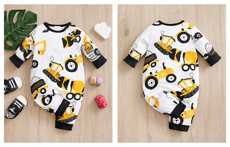 Fashion Newborn Baby Boy Spring and autumn Clothes Long sleeves and Round Collar Cartoon Car Print Romper Jumpsuit 0-24 months