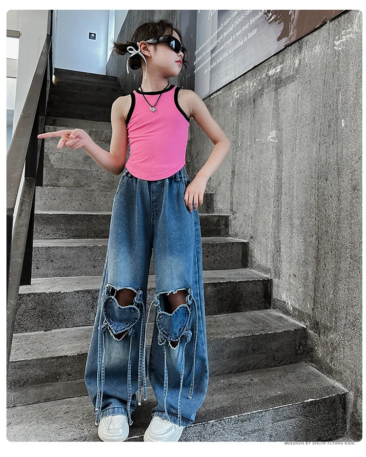 Girls Ripped Jeans Summer New Children's Loose Wide-leg Pants Kids Clothes Teenager Girl Fashion Heart Hollow Out Denim Trousers