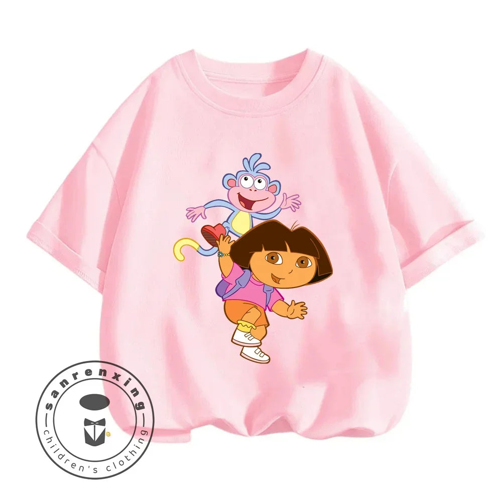 Fun Boys Girls Fashion T-shirt Dora Animated Cartoon Printed Kids T-shirt Hip Hop Boys Clothes White Short Sleeve Shirt Top