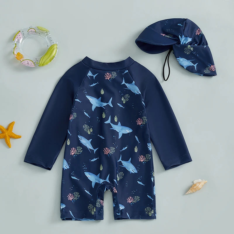 0-5Years Kids Boy Rash Guard Swimsuits Shark Print Long Sleeve Half Zip-up Bathing Suit with Sun Hat 2 Pcs Swimwear for Toddler